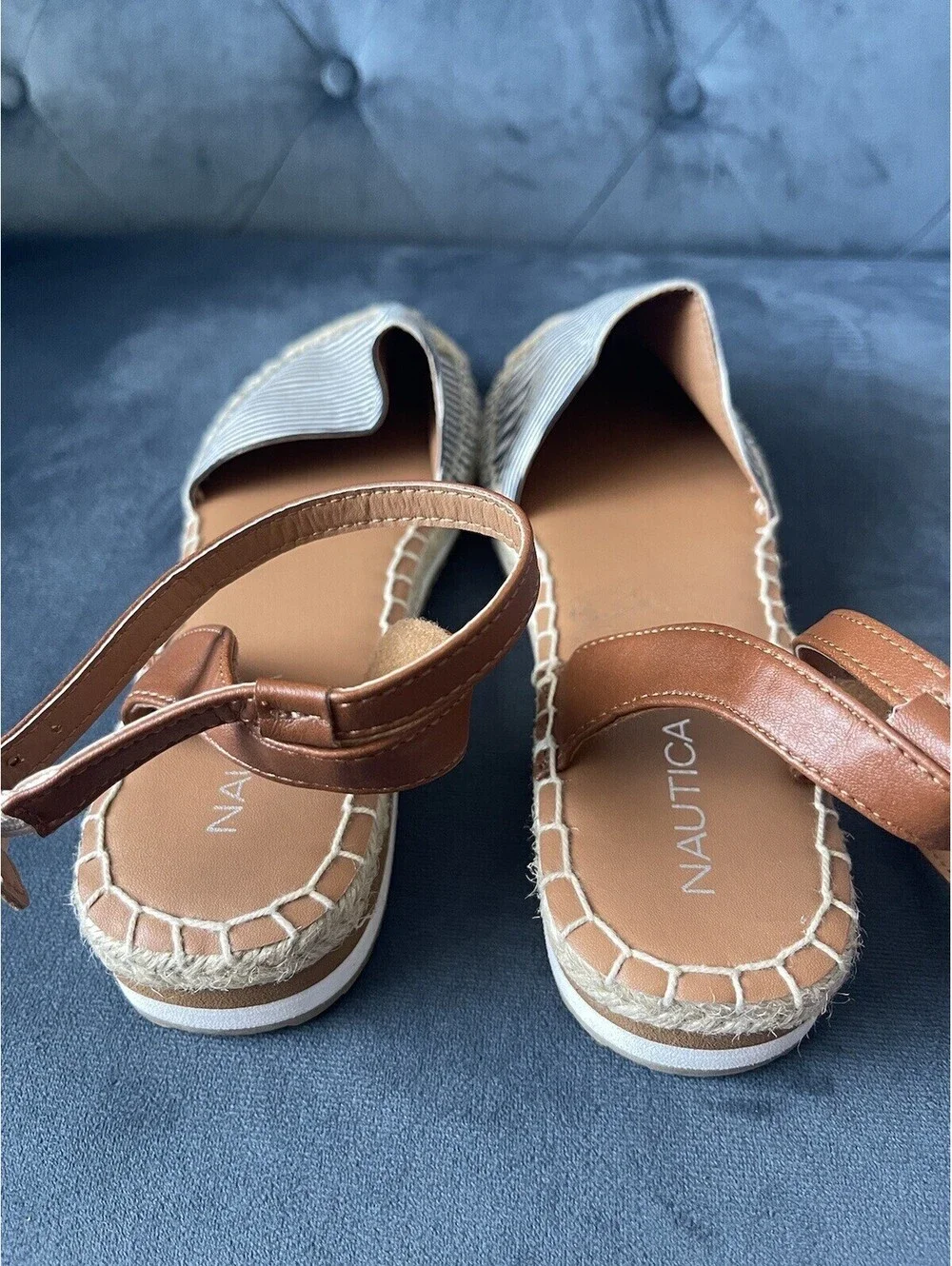 NAUTICA Espadrille Sandals Ankle Straps Black White Stripe Sz 7.5 Coastal NEW
